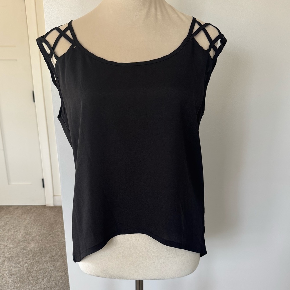 G by Guess Black Asymmetrical Tank Top with Cut Out Details